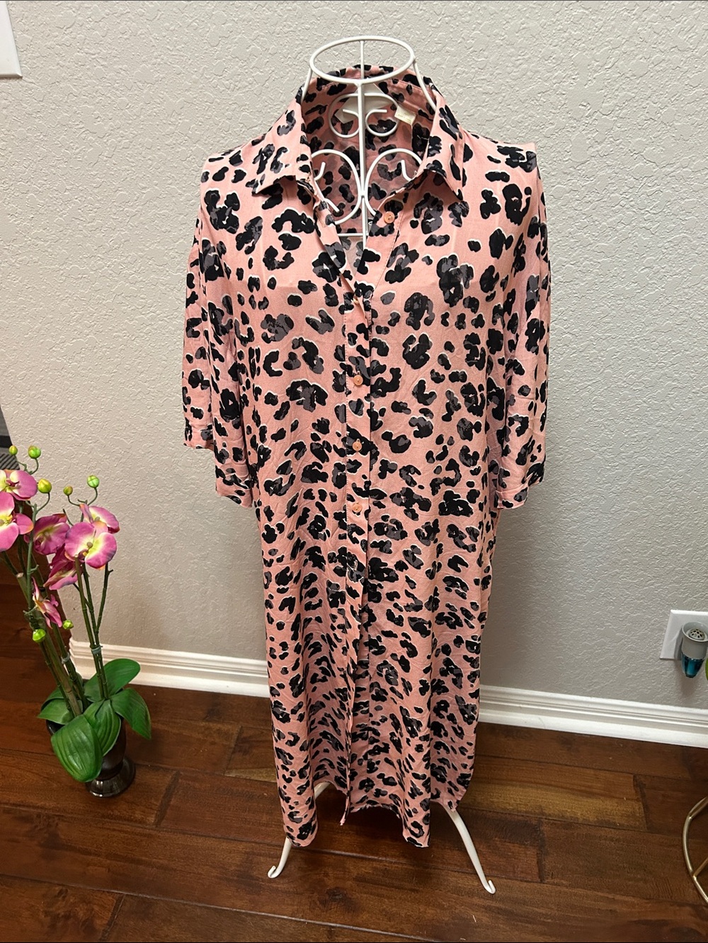 Pink Leopard Print Button-Front Shirt Dress by Antropologie